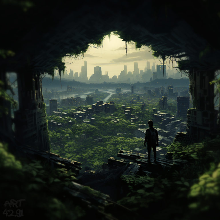 a lone figure staring into the overgrown distance of a post-apocalyptic city